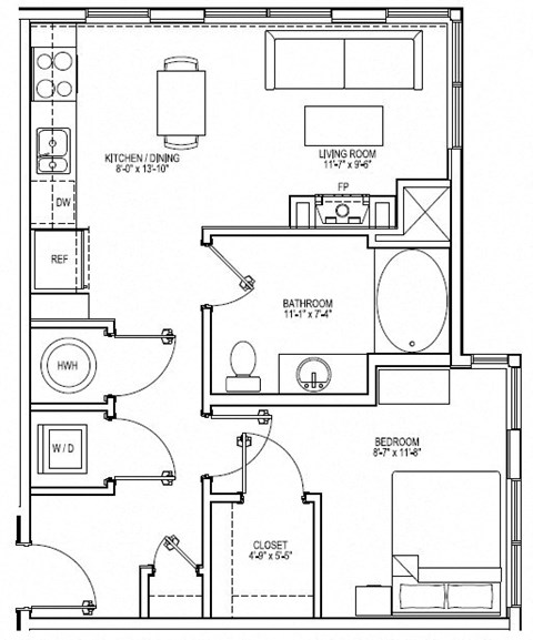 Floor plan for 1 bed, 1 bath, 643 sqft
